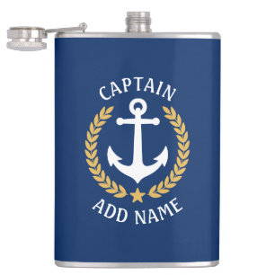 Captain Boat Name Anchor Gold Style Laurel Navy Hip Flask
