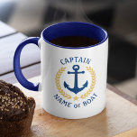 Captain Boat Name Anchor Gold Style Laurel Navy Mu Mug<br><div class="desc">A Personalised two tone coffee Mug with Captain rank or other title, your boat name, family name or other desired text. Featuring a custom designed nautical boat anchor, gold style laurel leaves and star emblem. Several accent colours to choose from to match your current decor. Makes a great gift for...</div>