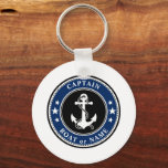 Captain Boat Name Anchor Rope Stars Photo Back Key Ring<br><div class="desc">A nautical themed, two sided, round metal keychain. On the front side is your personalised name, boat name or other text and the Captain rank or other title as desired. The front side also features a custom designed boat anchor with rope and stars in classic navy blue, black and white....</div>
