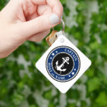 Captain Boat Name Anchor Stars Rope Photo Back Key Ring<br><div class="desc">A nautical themed, two sided, square metal keychain. On the front side is your personalised name, boat name or other text and the Captain rank or other title as desired. The front side also features a custom designed boat anchor with rope and stars in classic navy blue, black and white....</div>