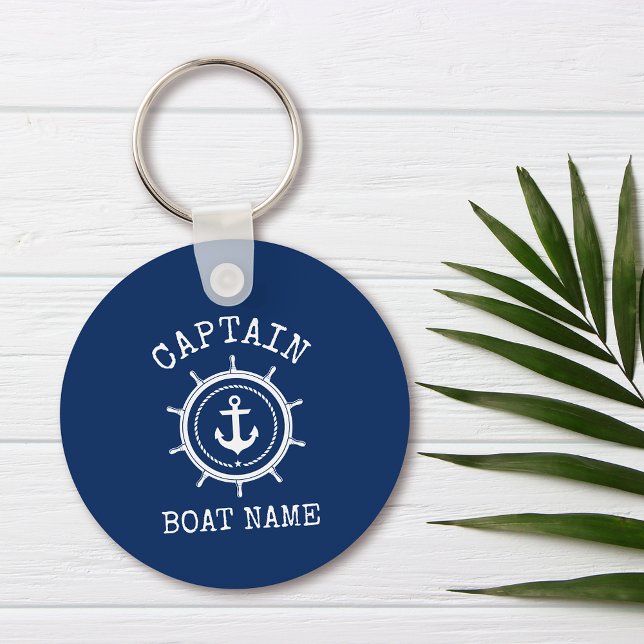 Captain Boat Name Blue Nautical Anchor Rope Helm Key Ring (Customize to change text size or text style.)