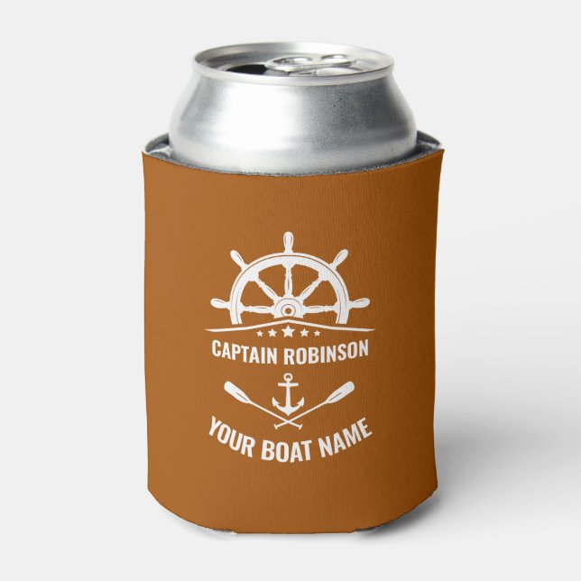 Captain Boat Name Nautical Anchor Oars Helm Rust Can Cooler (Can Front)