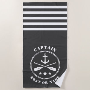 Captain Boat or Name Nautical Anchor & Oars Grey Beach Towel
