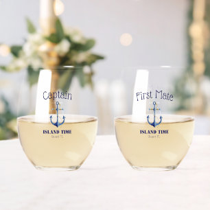 Captain & First Mate 🍹 Nautical Wedding Couple's  Stemless Wine Glass