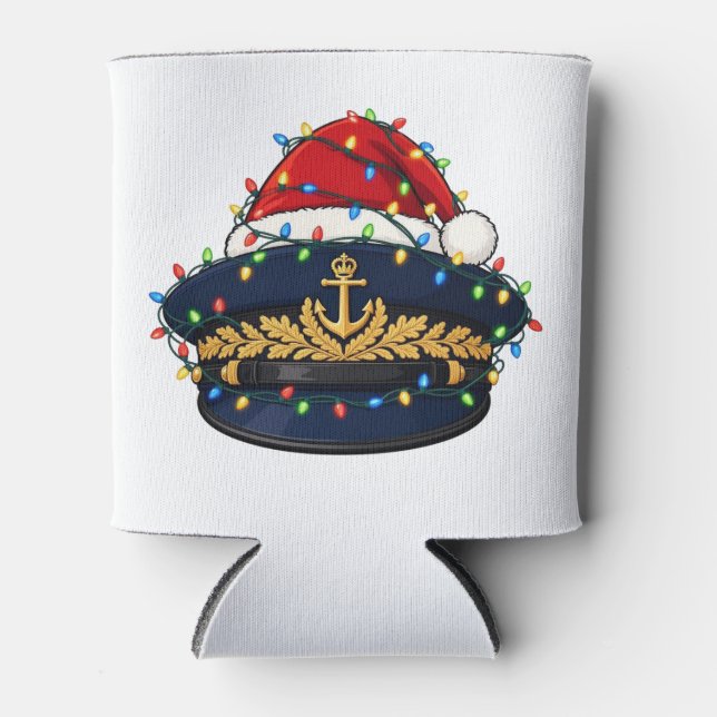 Captain Hat Santa Hat Christmas Lights Nautical Can Cooler (Front)