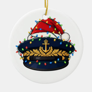 Captain Hat Santa Hat Christmas Lights Nautical Ceramic Ornament