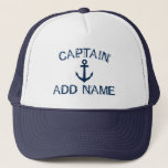 Captain hat with nautical anchor and custom name<br><div class="desc">Captain hat with nautical anchor and custom name. Vintage typography template for sailor. Make your own personalized hat for sailing / boating. Navy blue boat / ship anchor symbol with grungy text. Cute Birthday or Fathers Day gift idea for men. Make your own for dad, uncle, father, brother, husband etc....</div>
