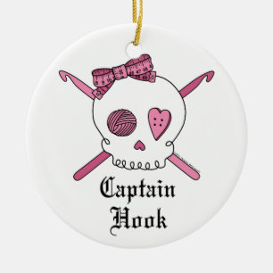 Captain Hook Skull & Crochet Hooks (Pink) Ceramic Tree Decoration