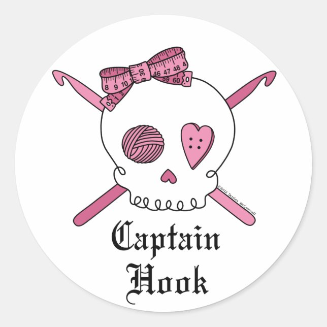 Captain Hook Skull & Crochet Hooks (Pink) Classic Round Sticker (Front)