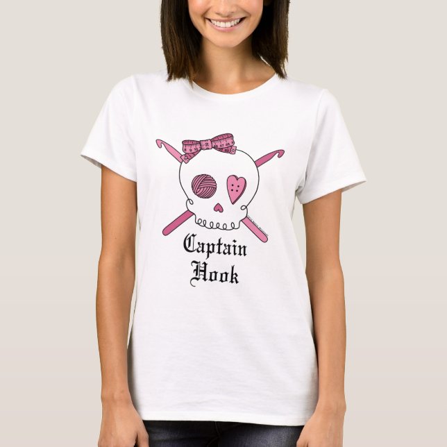 Captain Hook Skull & Crochet Hooks (Pink) T-Shirt (Front)