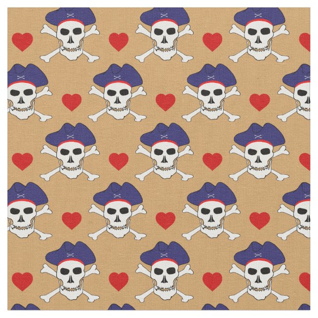 Captain Jack, Skull & Red Heart /Pirates Fabric (Close Up)