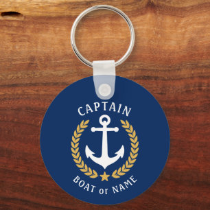 Captain Name Anchor Gold Laurel Photo Back Navy Key Ring