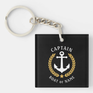 Captain Name Anchor Gold Laurel Picture Back Black Key Ring