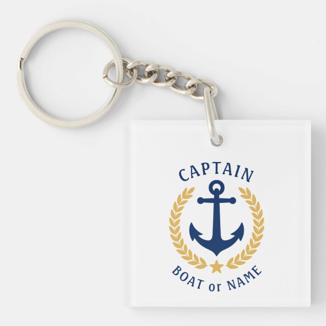 Captain Name Anchor Gold Laurel Picture Back White Key Ring (Front)