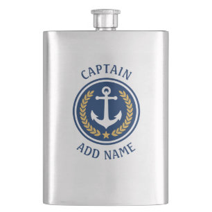 Captain Name Anchor Gold Style Laurel Stainless Hip Flask