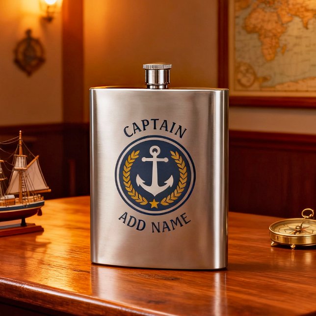 Captain Name Anchor Gold Style Laurel Stainless Hip Flask (Creator Uploaded)