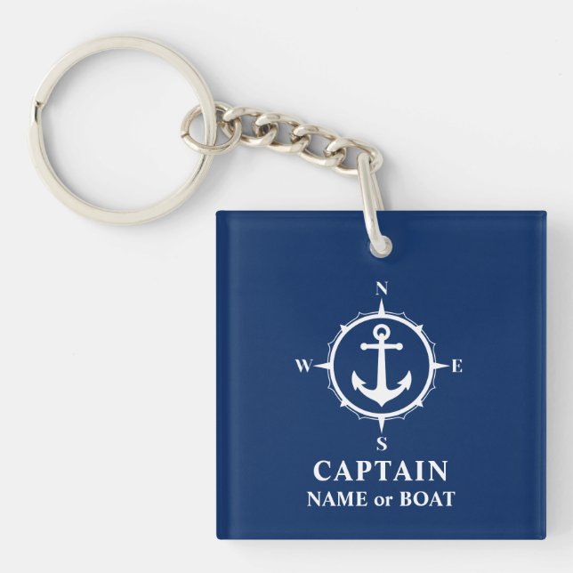 Captain Name Boat Compass Anchor Photo Back Navy Key Ring (Front)