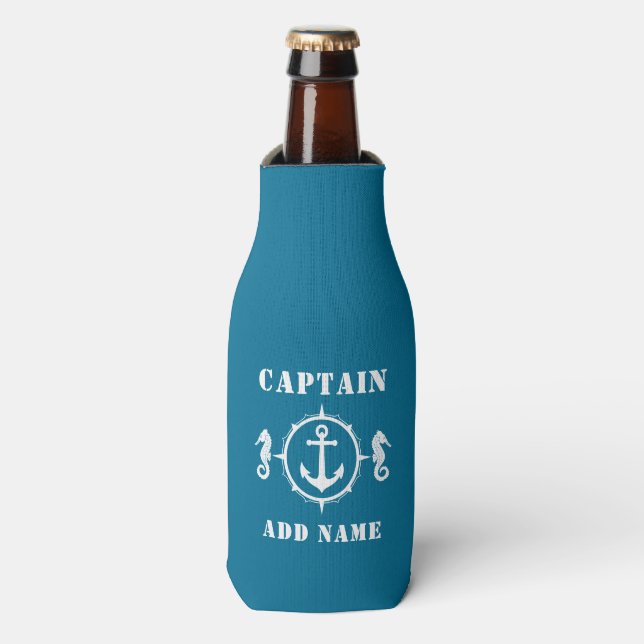 Captain or Boat Name Anchor Seahorse Aqua Blue Bottle Cooler (Bottle Front)