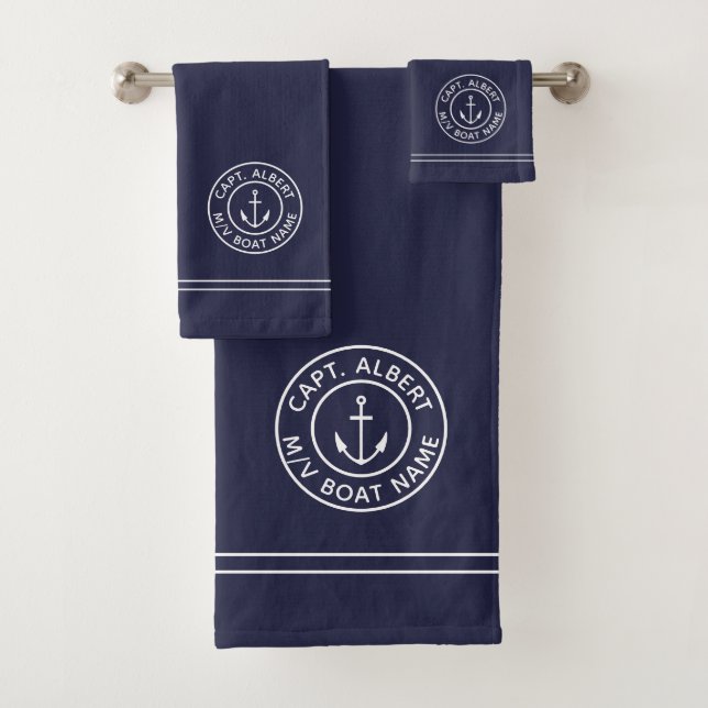 Captain Personalised Anchor Logo Navy Towel Set (Insitu)