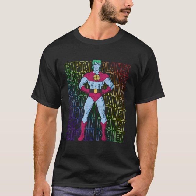 Captain Planet Hero Rainbow Text Stack T-Shirt (Front)