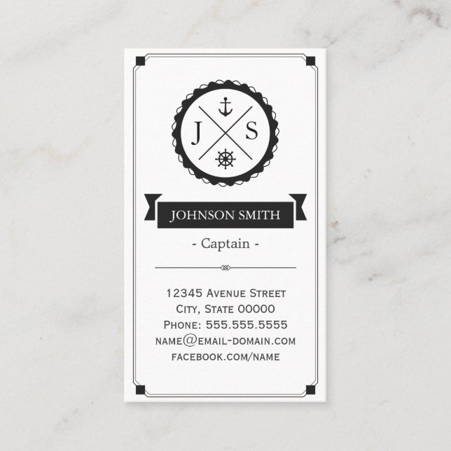 Captain - Retro Nautical Monogram Business Card (Front)