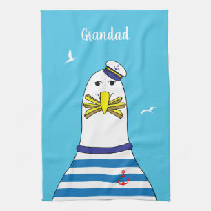Captain Sailor Seagull Funny Cartoon Character Tea Towel