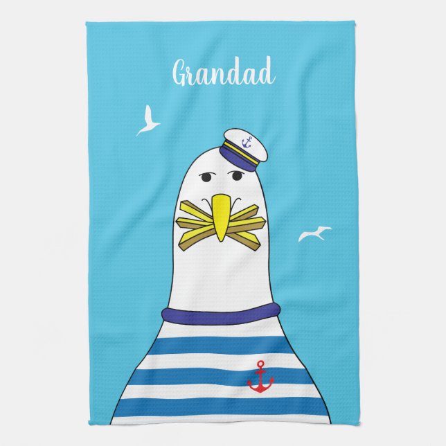 Captain Sailor Seagull Funny Cartoon Character Tea Towel (Vertical)
