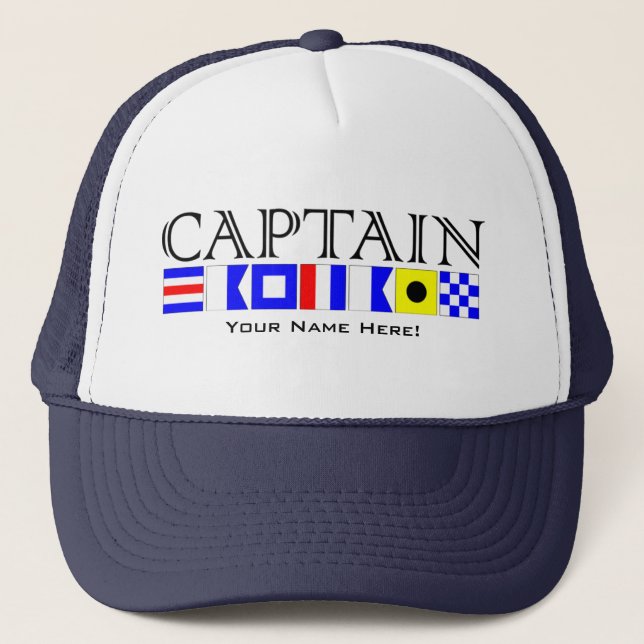 Captain Title in Nautical Signal Flags Your Name Trucker Hat (Front)