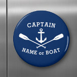 Captain with Boat Name Anchor Oars White Navy Blue Magnet<br><div class="desc">Stylish round refrigerator magnet with your personalised captain or other rank,  your name or boat name or desired text and a custom nautical anchor and crossed oars in white on navy blue or choose background colour to match your decor. Makes a great unique gift.</div>