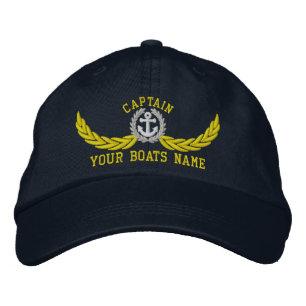 Captain with boat name and nautical motif embroidered hat