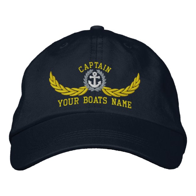 Captain with boat name and nautical motif embroidered hat (Front)