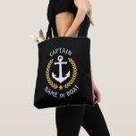 Captain Your Boat Name Anchor Gold Laurel Black Tote Bag<br><div class="desc">A stylish tote bag with Captain or other title, your personalised name, boat name or other desired text. Features a custom designed nautical boat anchor with gold style laurel leaves and star on navy black. Easily customise the base colour to match your current decor or theme. Reusable and great for...</div>