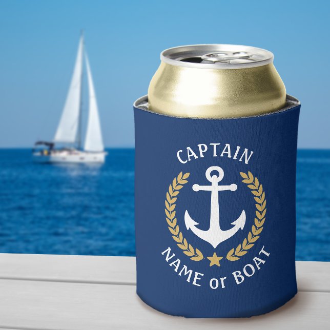 Captain Your Boat Name Anchor Gold Laurel Navy Can Cooler (Creator Uploaded)