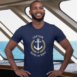 Captain Your Boat Name Anchor Gold Laurel T-Shirt<br><div class="desc">A custom designed nautical boat anchor,  gold style laurel leaves and a gold star with Captain rank or other title and Your Personalised Name or Boat Name on a navy blue T-Shirt. Makes a great gift.</div>