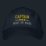 Captain Your Boat Name Nautical Stars Gold Silver Embroidered Hat<br><div class="desc">Sail in style with a personalised embroidered hat featuring your Captain rank or other title,  your Name or Boat Name and stars. Several cap and thread colours to choose from. Makes a great custom gift for Fathers day,  Mothers day or any occasion.</div>