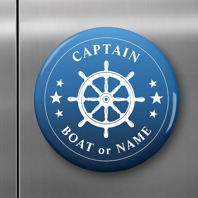 Captain Your Boat Name Ships Wheel Helm Blue Fade Magnet (Creator Uploaded)