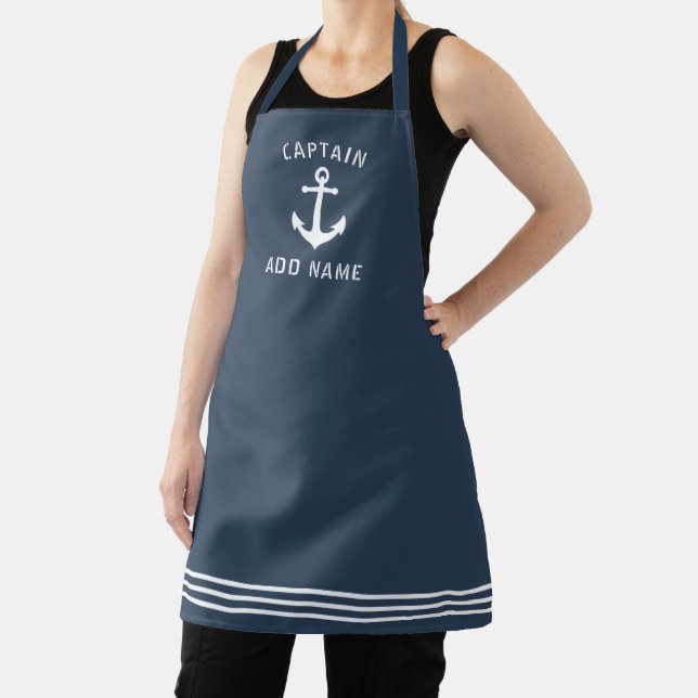 Captain Your Name Boat Anchor Blue White Stripe Apron (Insitu)