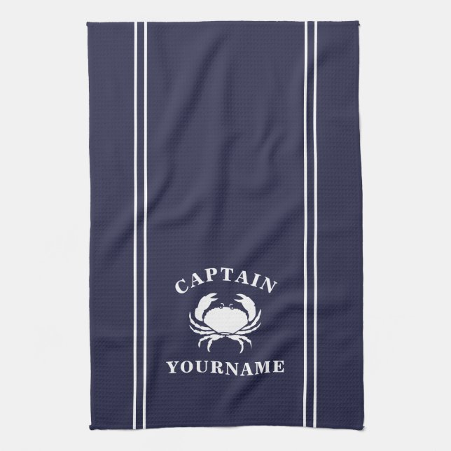 Captain Your Name Crab Navy Blue Kitchen Towel (Vertical)