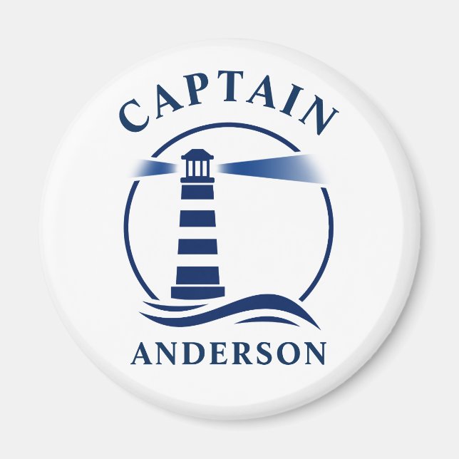 Captain Your Name Lighthouse Ocean Waves White Magnet (Front)