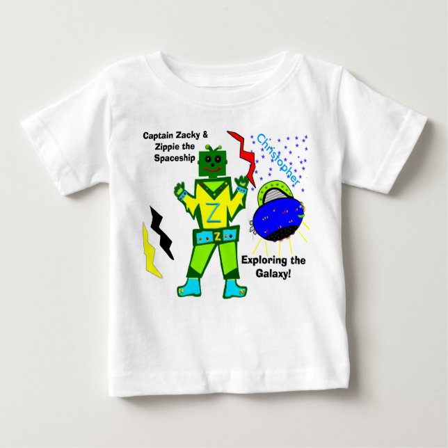 Captain Zacky Green Robot Zippie Spaceship Baby T-Shirt (Front)