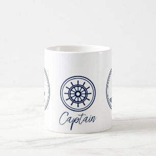 Captain's Coffee Mug, Blue Anchor And Ship's Wheel Mug