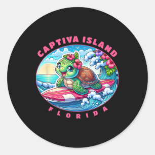 Captiva Island Florida Cute Surfing Girl Sea Turtl Classic Round Sticker