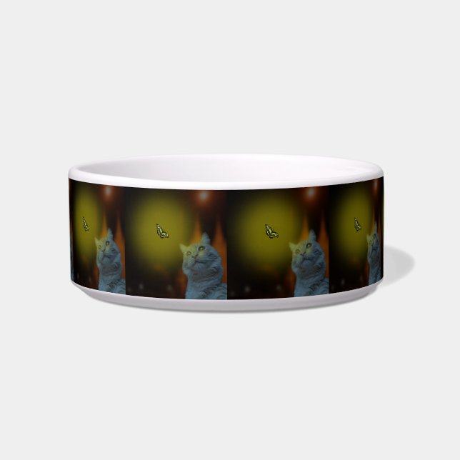 Captivated by Beauty: Cat Mesmerized by Butterfly Bowl (Front)