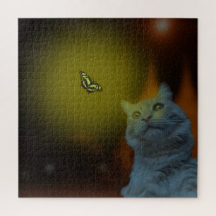 Captivated by Beauty: Cat Mesmerized by Butterfly Jigsaw Puzzle