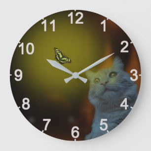 Captivated by Beauty: Cat Mesmerized by Butterfly Large Clock