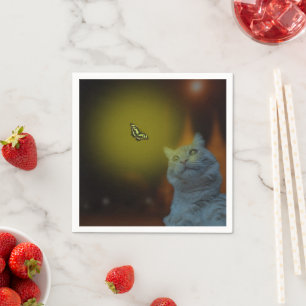 Captivated by Beauty: Cat Mesmerized by Butterfly Napkin