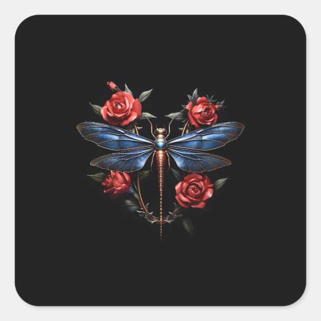Captivating Art: Metallic Dragonfly with Red Roses Square Sticker (Front)
