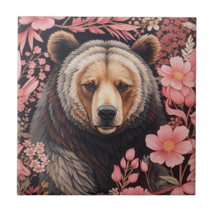 Captivating Brown Bear Gaze Pink Flowers Ceramic Tile