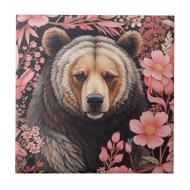 Captivating Brown Bear Gaze Pink Flowers Ceramic Tile (Front)