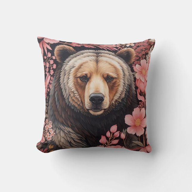 Captivating Brown Bear Gaze Pink Flowers Cushion (Front)